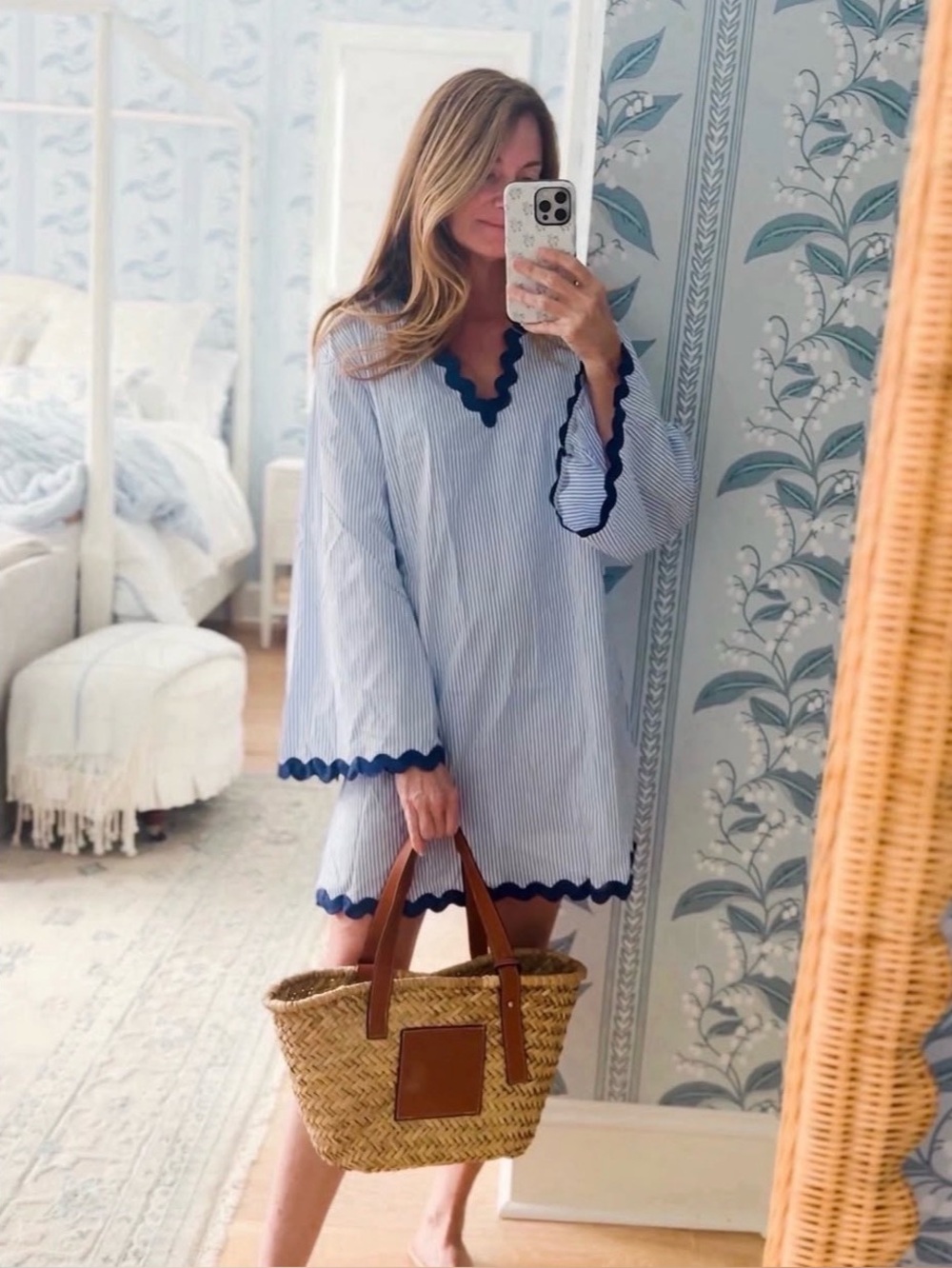 Light Blue Striped V-Neck Tunic/Dress with Navy Scalloped Trim.  NWT